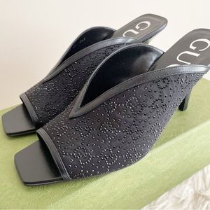 Gucci GG Embellished High Heel Mule Black Crystal Logo size 40 NEW